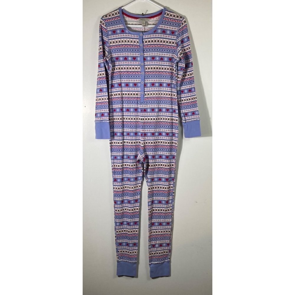 Womens Gander Mountain One Piece PJ Purple Red White Hearts Snowflakes M
